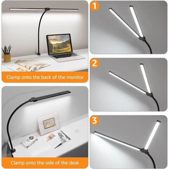Led Desk Lamp for Office Home, Bright Double Head Desk Light with Clamp - Picture 5 of 7